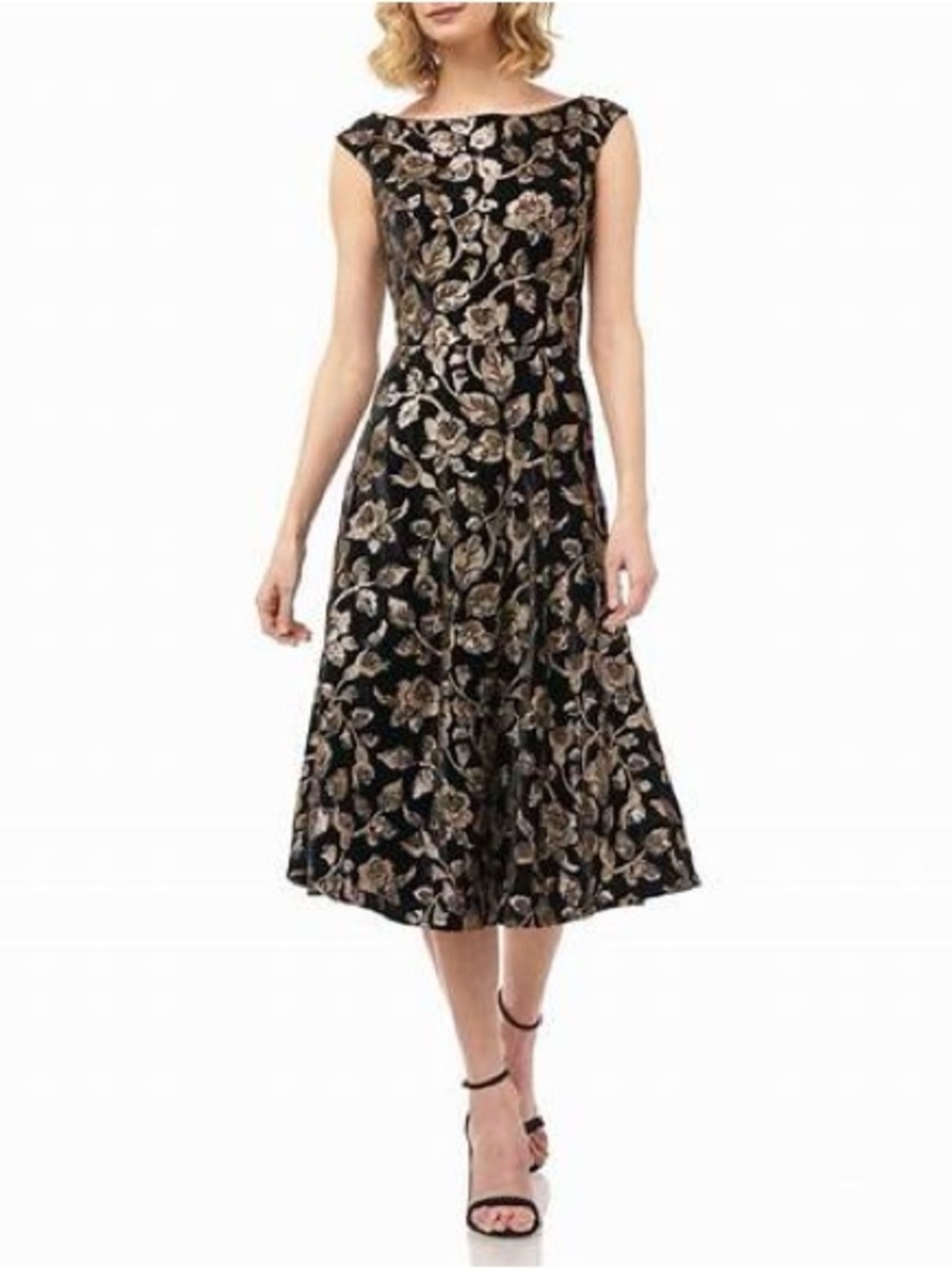 Kay Unger Black Velvet with Gold Sequin Floral Motif Boatneck Cocktail Dress